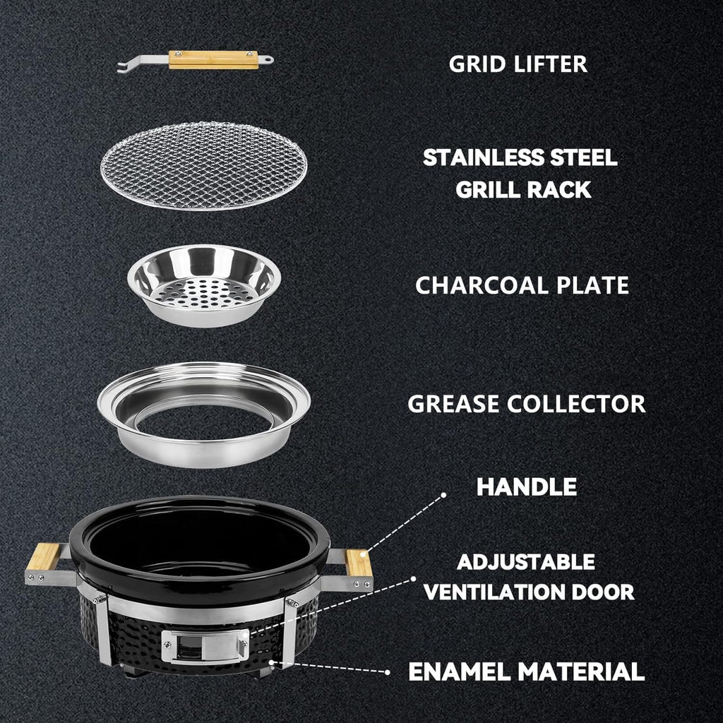 ONLYFIRE GRILLS Ceramic Hibachi Charcoal Grill with Grid Lifter, 14' Portable BBQ Yakitori Grill with Stainless Steel Grate for Outdoor Patio Backyard Barbecue Cooking, GS305