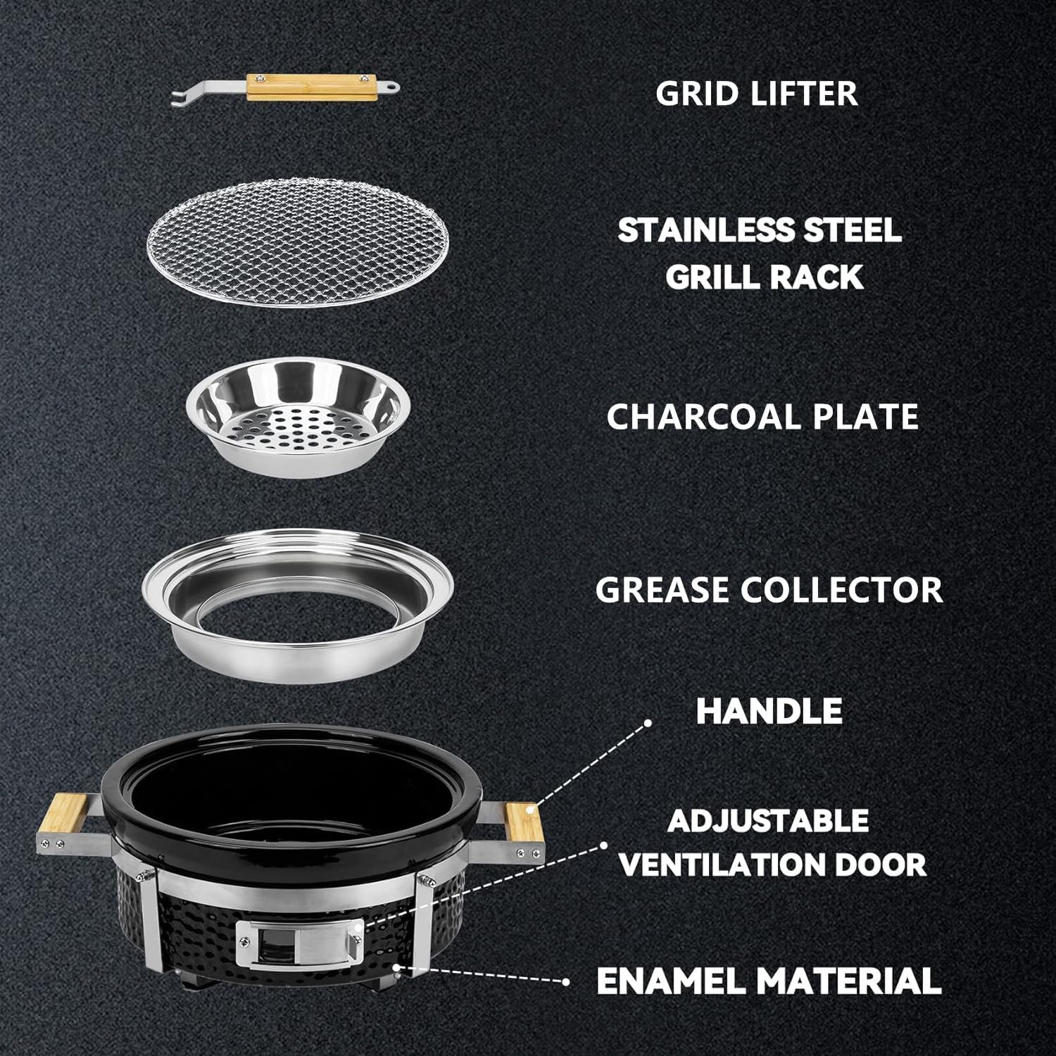 ONLYFIRE GRILLS Ceramic Hibachi Charcoal Grill with Grid Lifter, 14' Portable BBQ Yakitori Grill with Stainless Steel Grate for Outdoor Patio Backyard Barbecue Cooking, GS305