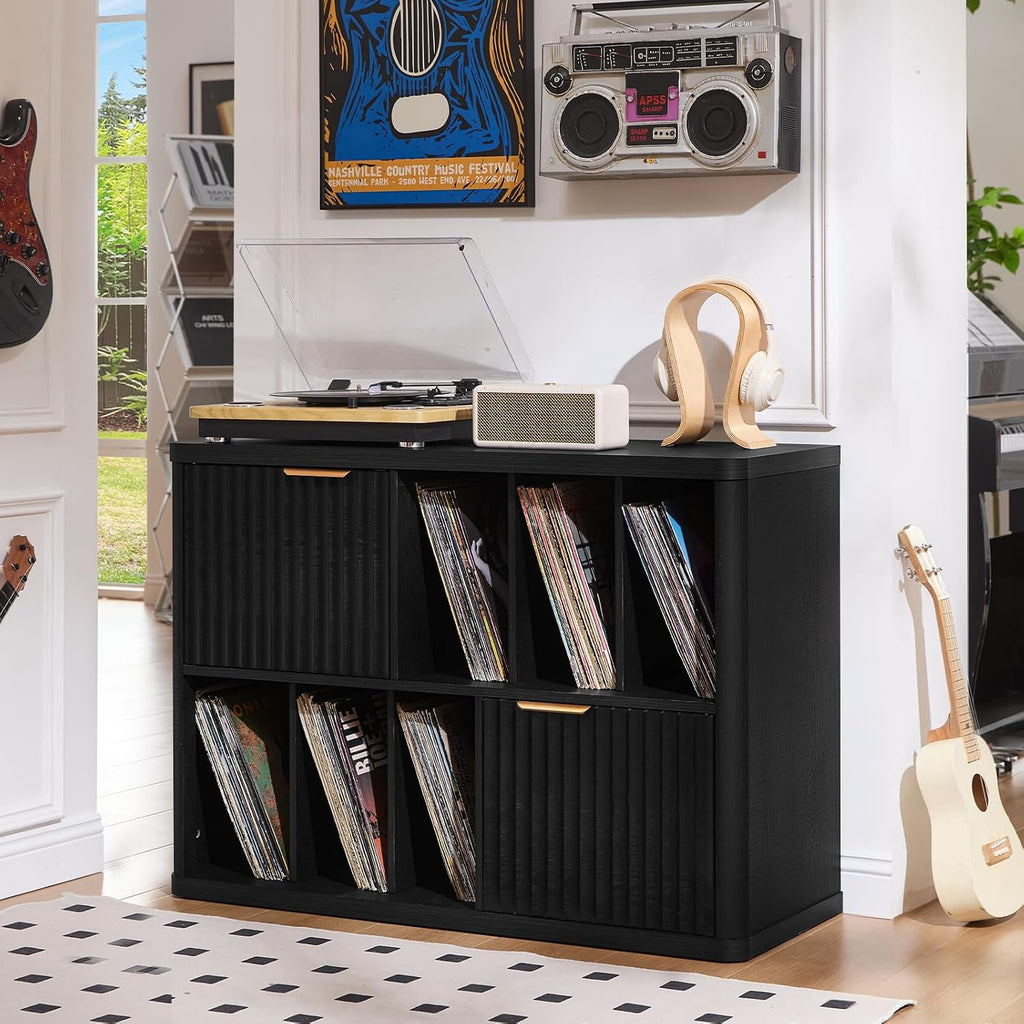 LEYAOYAO Large Record Player Stand with Vinyl Storage Up to 450 Albums, Wood Fluted Boho Record Storage Accent Cabinet, Modern Stereo Media Cabinets, Wide Turntable Stand for Living Room, Black Oak