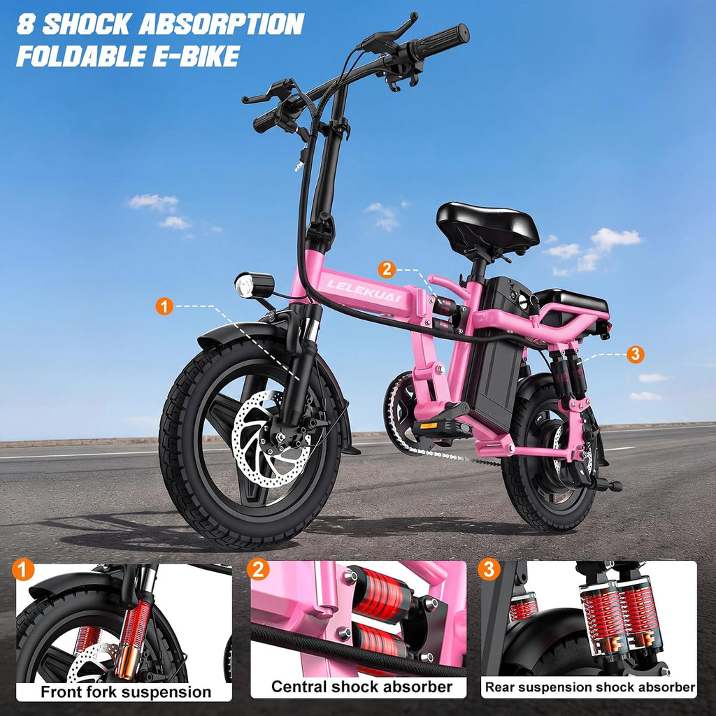 LELEKUAI Electric Bike for Adults and Teens, 520W-560W Motor, 20-24MPH, 32 Miles Range, 48V 10Ah Battery, 3-Level Pedal Assist, 14' Foldable Mini Electric Bicycle, UL 2849 Certified