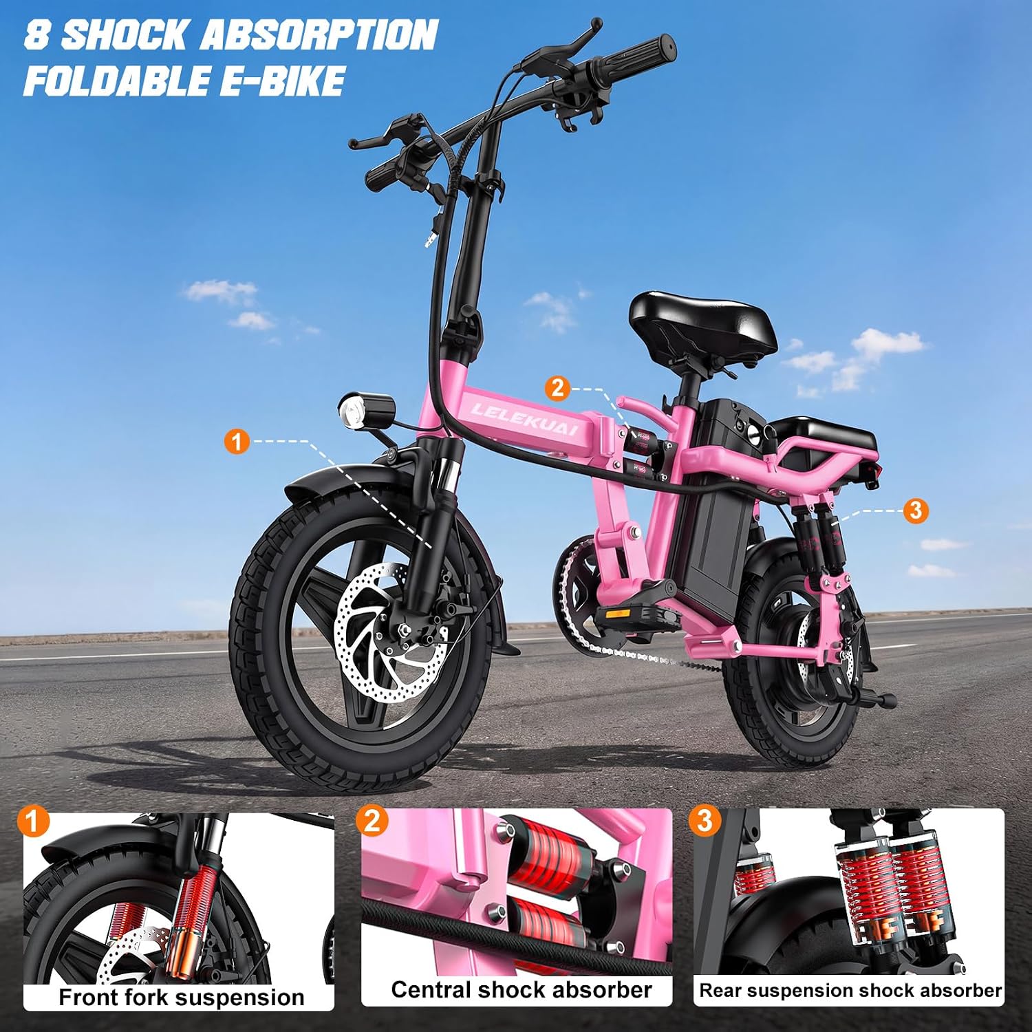 LELEKUAI Electric Bike for Adults and Teens, 520W-560W Motor, 20-24MPH, 32 Miles Range, 48V 10Ah Battery, 3-Level Pedal Assist, 14' Foldable Mini Electric Bicycle, UL 2849 Certified
