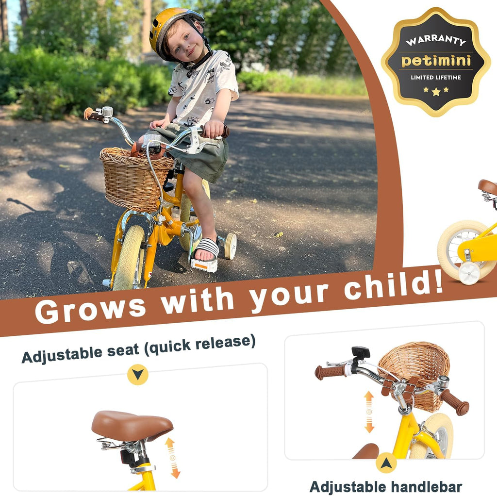 Petimini Vintage Kids Bike for Girls, 12–20 Inch Classic Bicycle with Wicker Basket & Bell, High Tensile Steel Frame, Training Wheels (12–18'), 85% Pre-Assembled, Retro Bike for Outdoor Riding