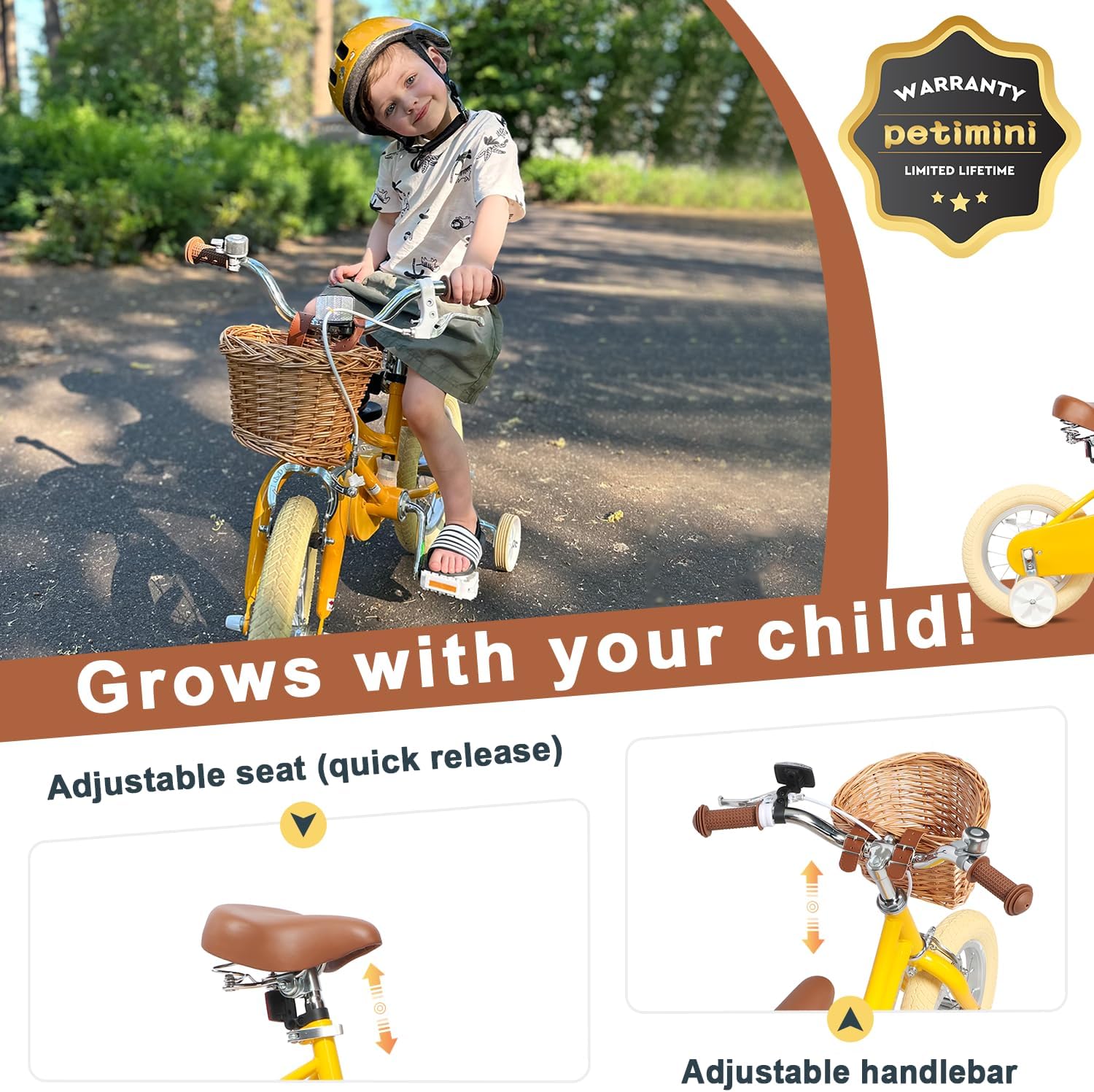 Petimini Vintage Kids Bike for Girls, 12–20 Inch Classic Bicycle with Wicker Basket & Bell, High Tensile Steel Frame, Training Wheels (12–18'), 85% Pre-Assembled, Retro Bike for Outdoor Riding