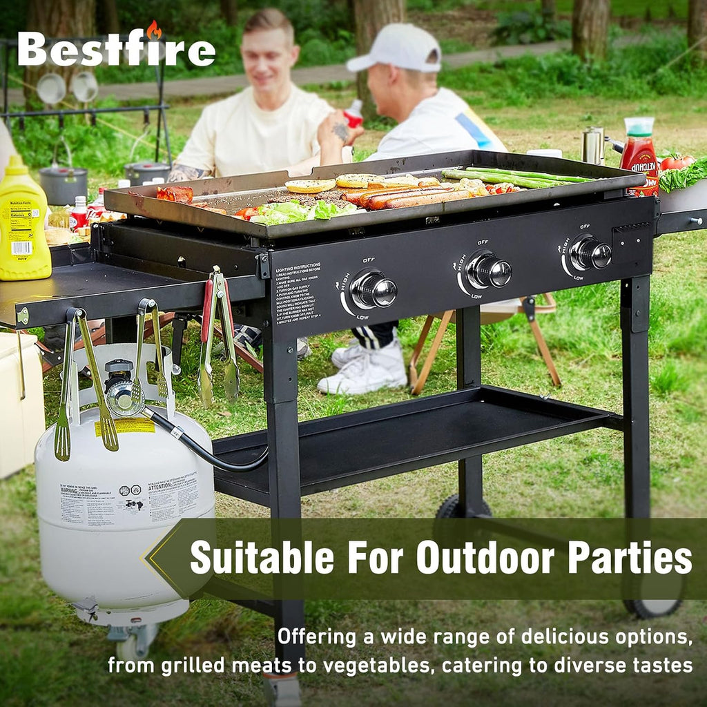 BESTFIRE 3 Burner 35' Flat Top Grill,45,000 BTU Flat Grills Outdoor Cooking with Two Foldable Shelves,Outdoor Griddle with Porcelain-Enameled Cast Iron Grate & Pan for Kitchen,BBQ& Camping