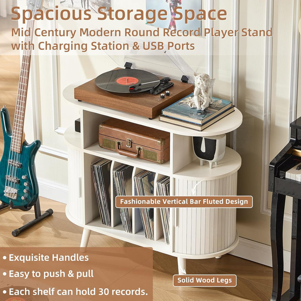 LELELINKY Large Round Record Player Stand with Charging Station & Fluted Display Shelf, White Mid Century Modern Turntable Cabinet with Vinyl Storage, Arched Wood Record Player Table for Living Room