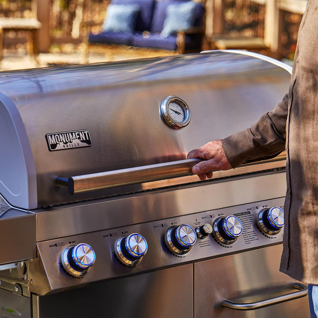 Monument Grills 6 Burner 640 sq.in. Stainless Steel Propane Gas Grill with a Rotisserie Kit, a Side Burner, a Built-In Thermometer, Large Cabinet Style Grill