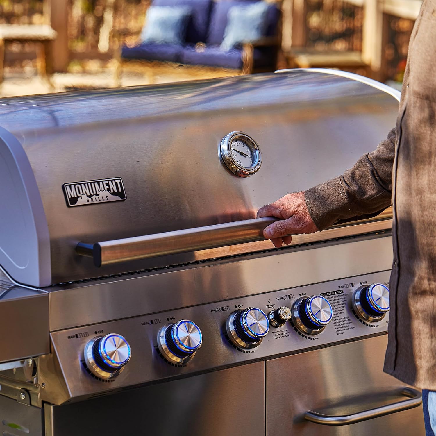 Monument Grills 6 Burner 640 sq.in. Stainless Steel Propane Gas Grill with a Rotisserie Kit, a Side Burner, a Built-In Thermometer, Large Cabinet Style Grill
