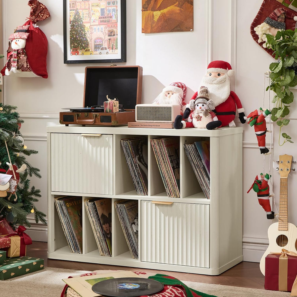 LEYAOYAO Large Record Player Stand with Vinyl Storage Up to 450 Albums, Wood Fluted Record Storage Accent Cabinet, Modern Stereo Media Cabinets, Wide Turntable Stand for Living Room, Antique White