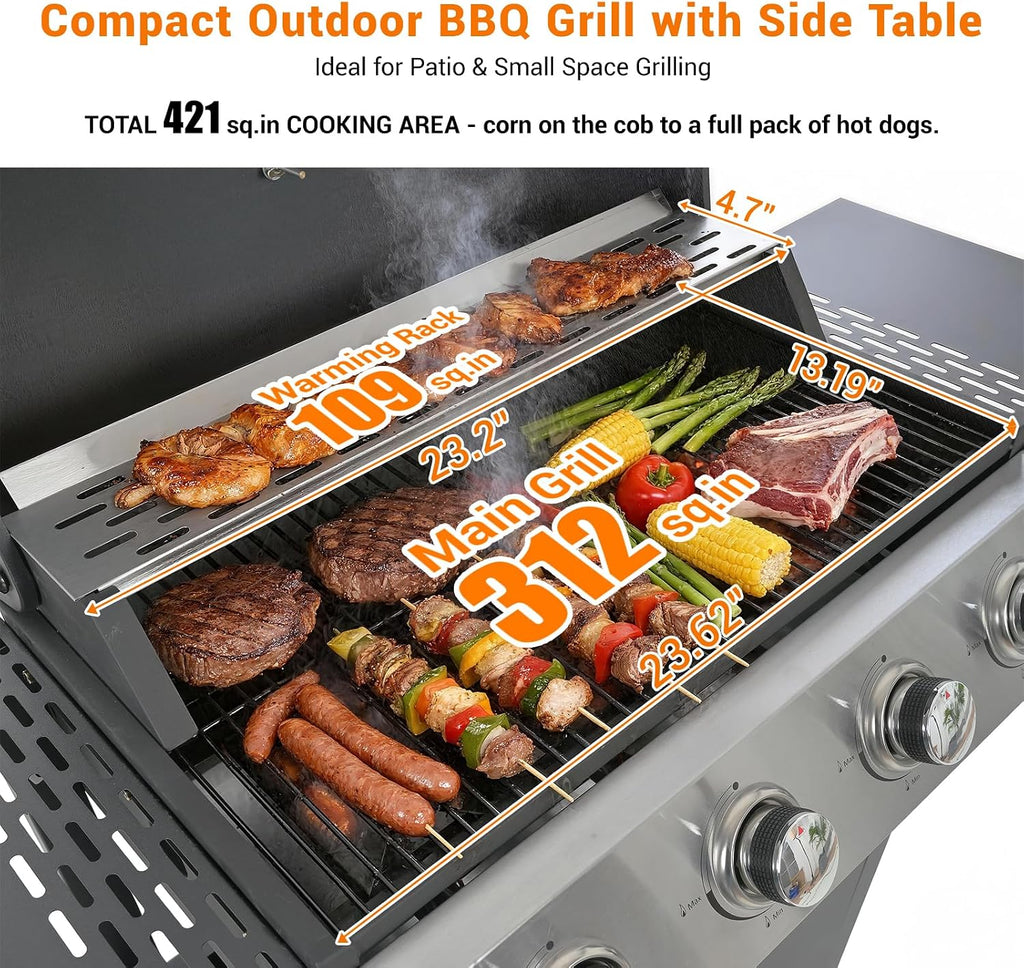 EUHOME 4-Burner Stainless Steel Gas Grill | 34,000 BTU Total Output & 421 sq.in Cooking Area | Powerful Even-Heat System for Large Family BBQs & Backyard Parties