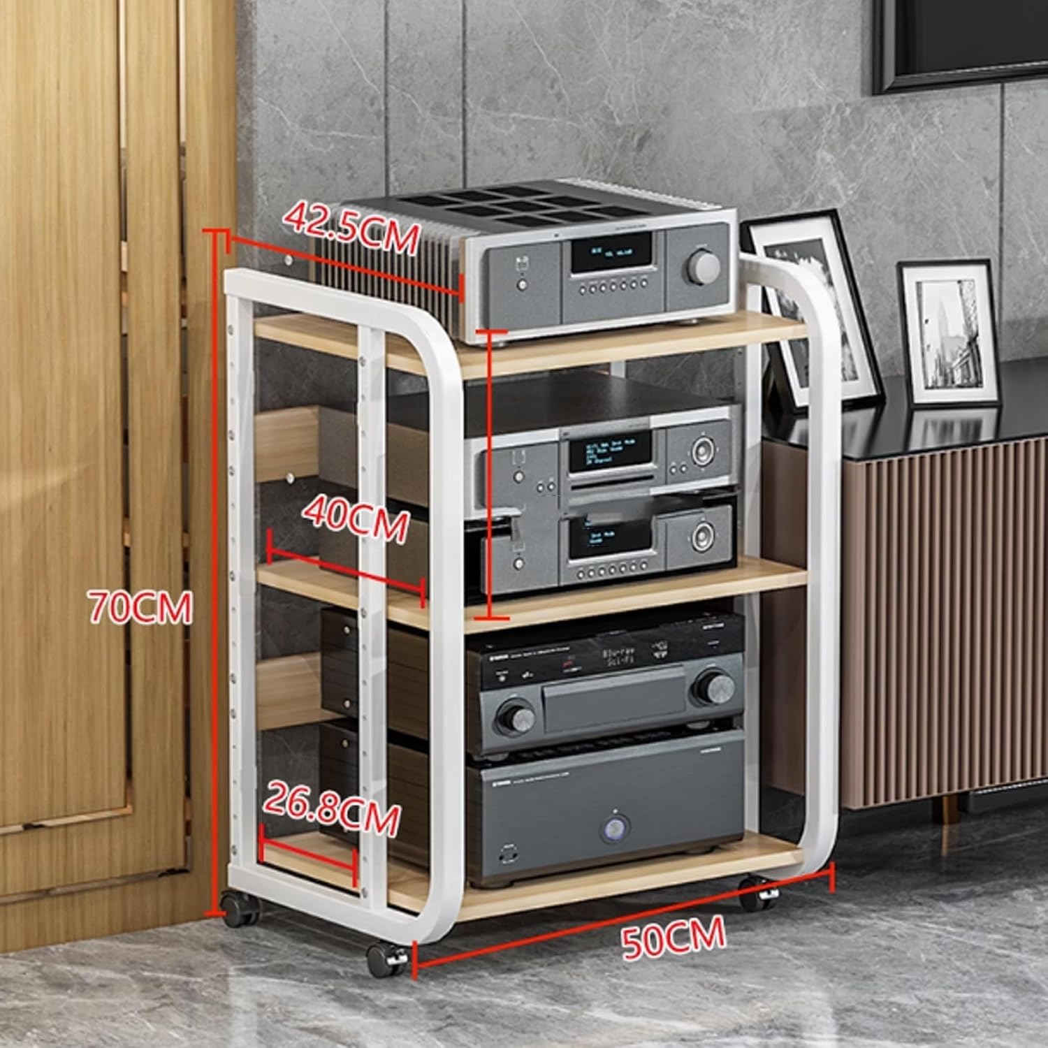AV Media Stand - Audio Video Shelving Rack with Wheels, Open Storage Cabinet for Home, Office & Theater - Stereo Tower Console for Recording Room (Black, 50x42.5x70cm)