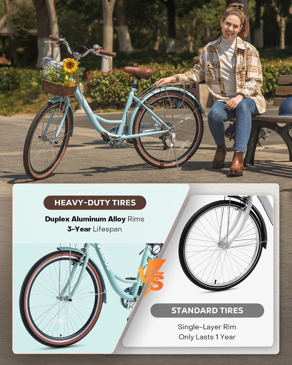 VIRIBUS Womens Cruiser Bike, 7 Speed Beach Cruiser Bike for Women, 26 inch Women Bicycle with Rattan Basket, City Commuter Vintage Retro Step Through Bicycle for Female Ladies Seniors, 330 Lb.