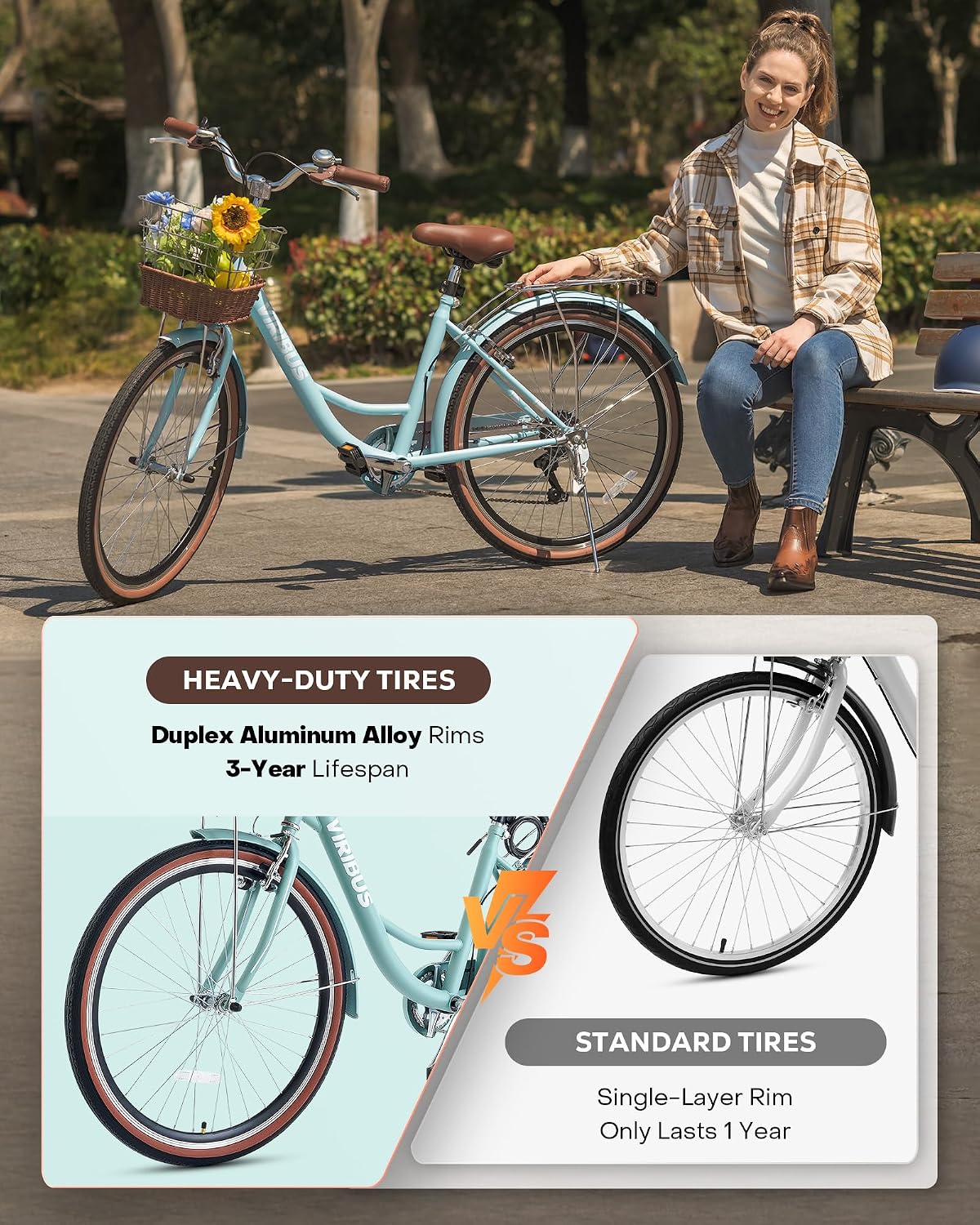 VIRIBUS Womens Cruiser Bike, 7 Speed Beach Cruiser Bike for Women, 26 inch Women Bicycle with Rattan Basket, City Commuter Vintage Retro Step Through Bicycle for Female Ladies Seniors, 330 Lb.