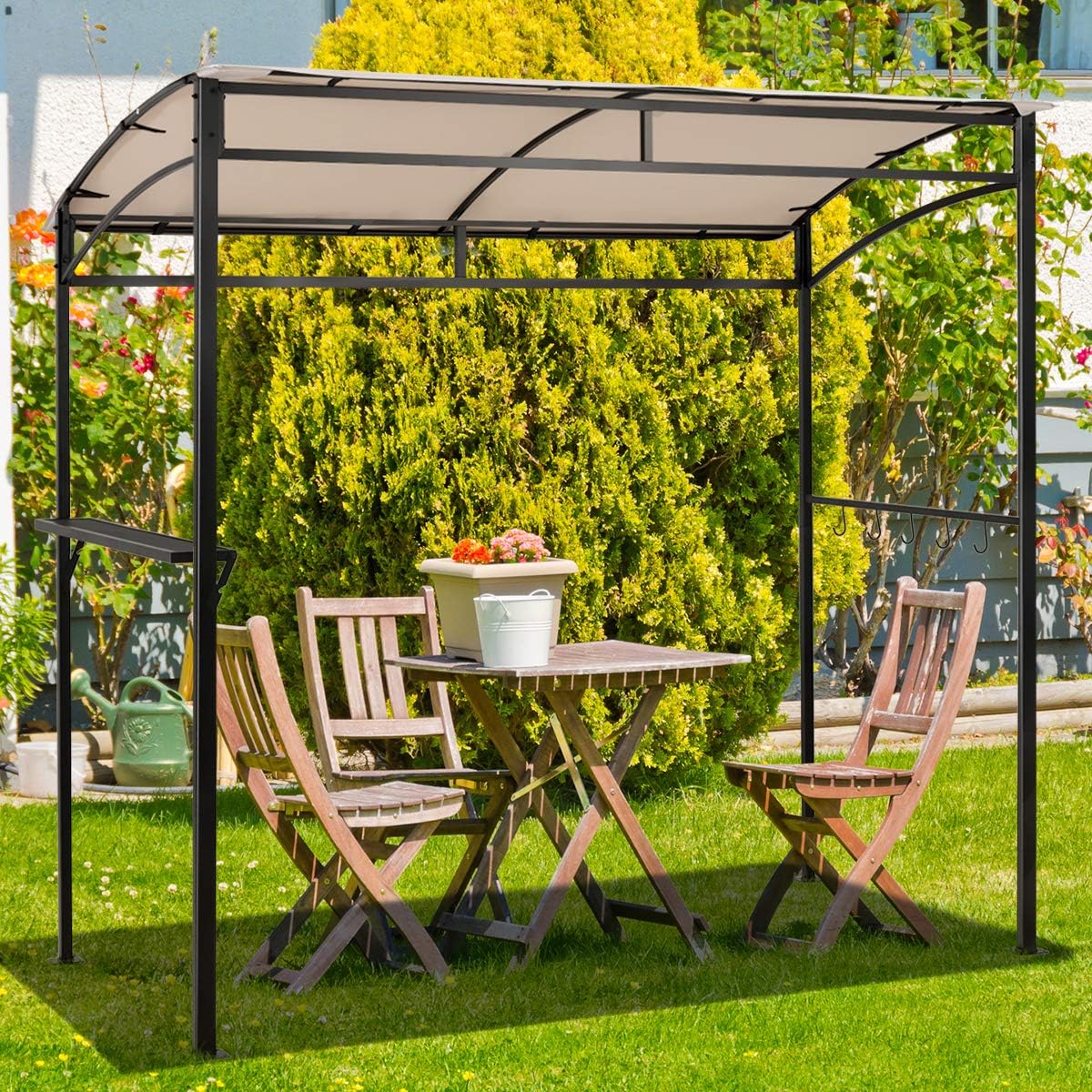 Giantex 7x4.4ft Grill Gazebo, Patio Outdoor Backyard BBQ Canopy Shelter, Soft Top, Heavy-Duty Steel Construction, Storage Shelf, Hanging Hooks, Bear Opening Setting, Anchor Kit (Beige)