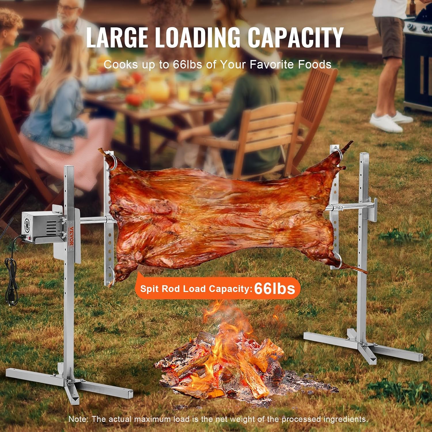 VEVOR Electric BBQ Rotisserie Grill Kit, 56 Inch 130 lbs Capacity, Automatic 52W Motor Height Adjustable Universal Roaster Stand, Stainless Steel Grilling Kit, Spit Rod with Heat Shield for Pig Lamb