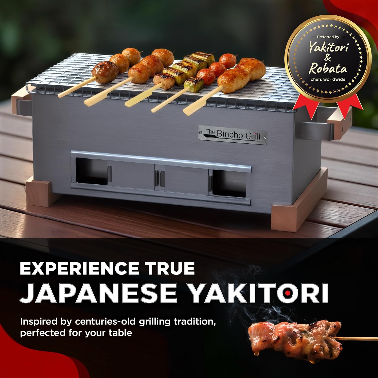 The Bincho Grill 16' Mini Yakitori Grill – Stainless Steel Mini Tabletop Charcoal BBQ with Charcoal Box, Optimized Airflow & Cool-Touch Base - Perfect for Japanese Grilling, Skewers, Meat, Seafood
