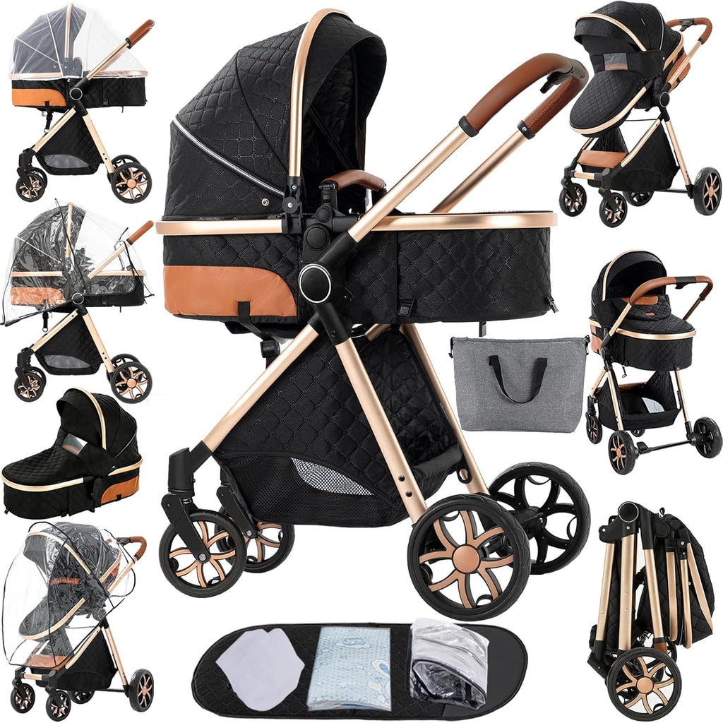 2 in 1 Baby Stroller Reversible Portable Standard Stroller Convertible Pushchair Infant Buggy Baby Carriage Foldable High Landscape Pram for Toddler Newborn (225 Black Gold)