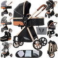 2 in 1 Baby Stroller Reversible Portable Standard Stroller Convertible Pushchair Infant Buggy Baby Carriage Foldable High Landscape Pram for Toddler Newborn (225 Black Gold)