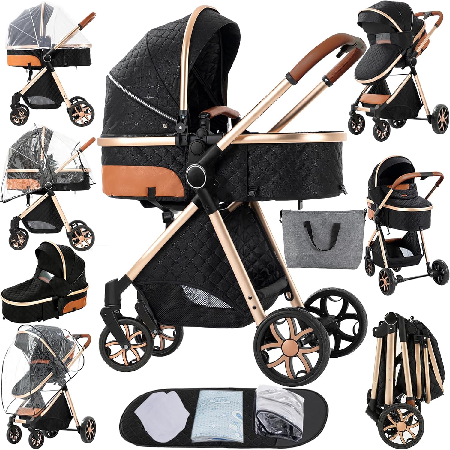 2 in 1 Baby Stroller Reversible Portable Standard Stroller Convertible Pushchair Infant Buggy Baby Carriage Foldable High Landscape Pram for Toddler Newborn (225 Black Gold)