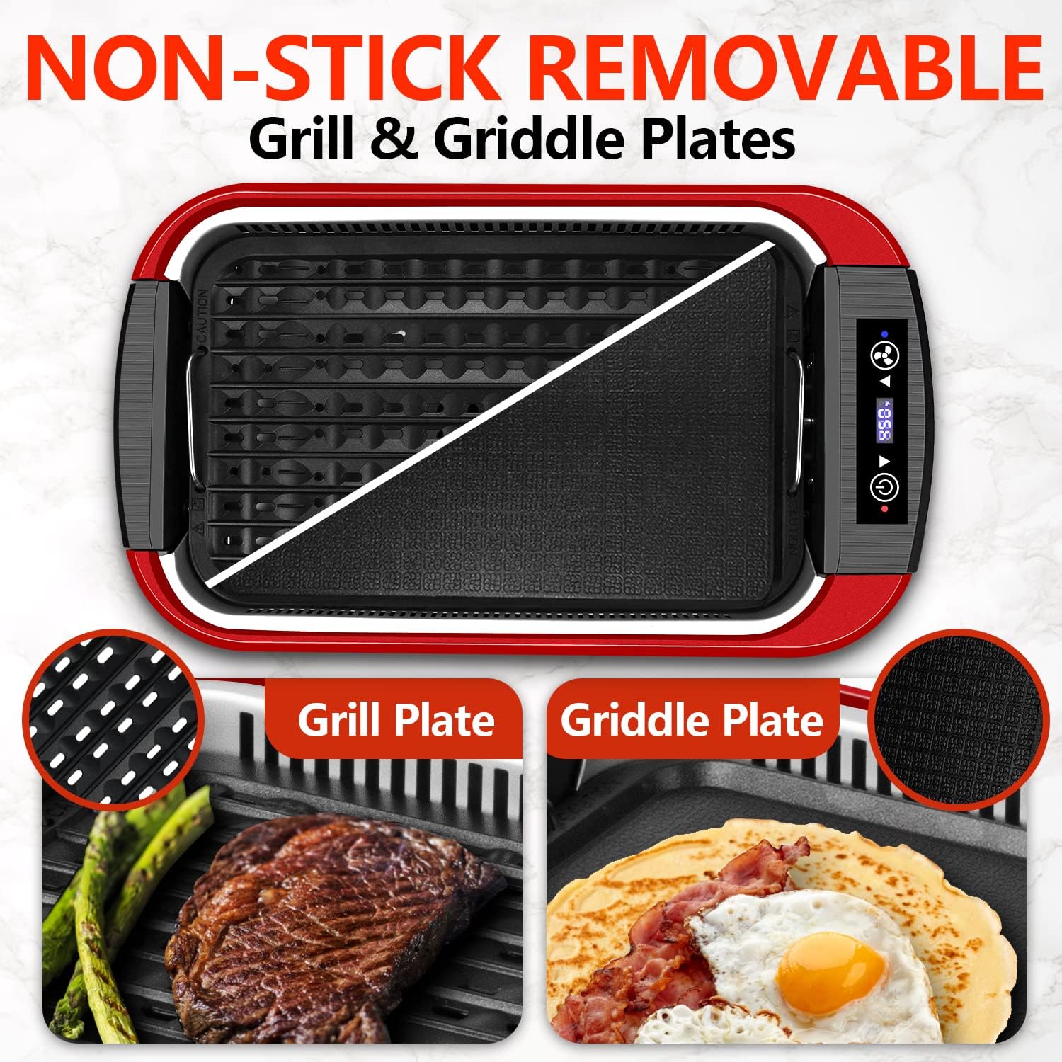 Indoor Grill, CUSIMAX Smokeless Grill Indoor, Electric Griddle, 1500W Korean BBQ Grill with LED Smart Display & Tempered Glass Lid, Non-stick Removable Plate & Griddle Plate, Red