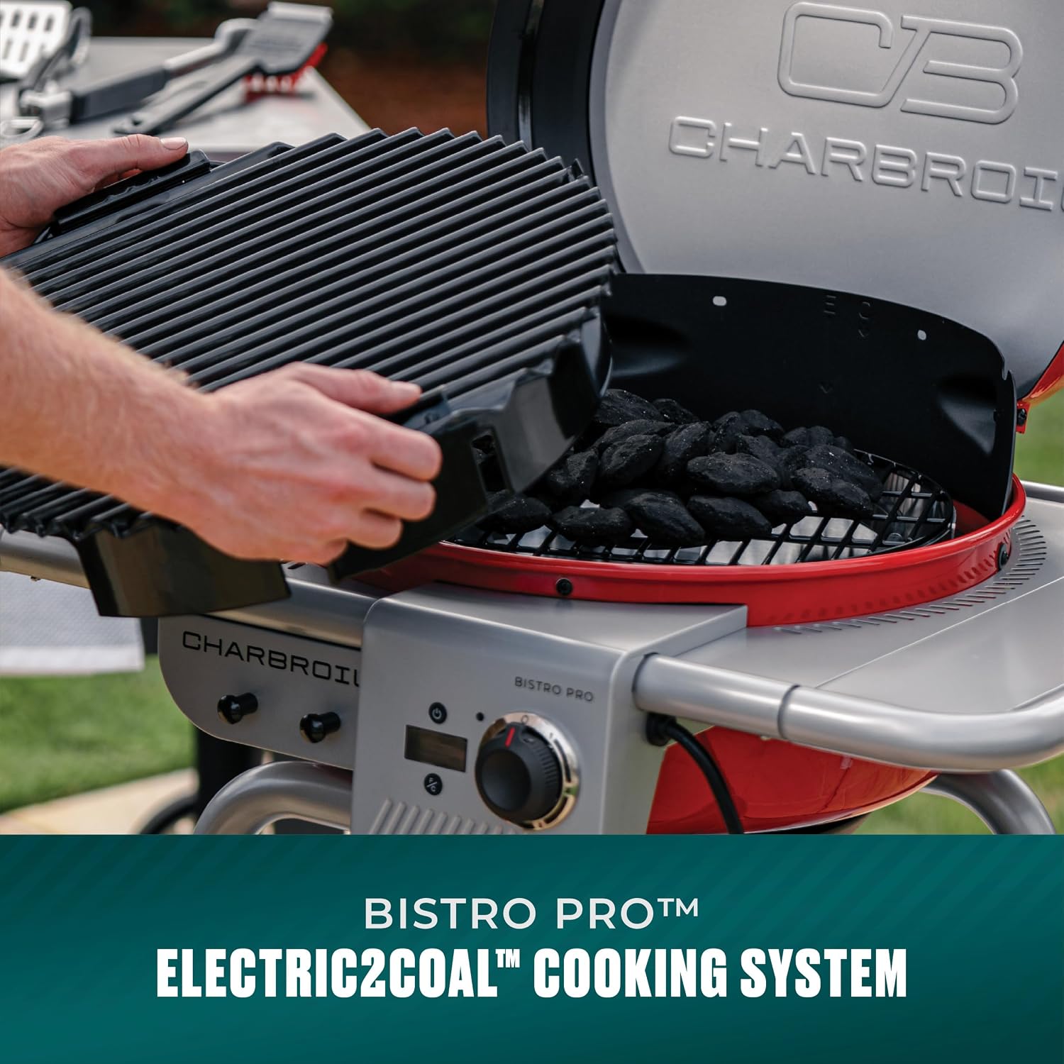 Charbroil 3-in-1 Dual Fuel Outdoor Bistro Pro Electric Grill & Griddle + Charcoal Mode BBQ, Red - 25302146