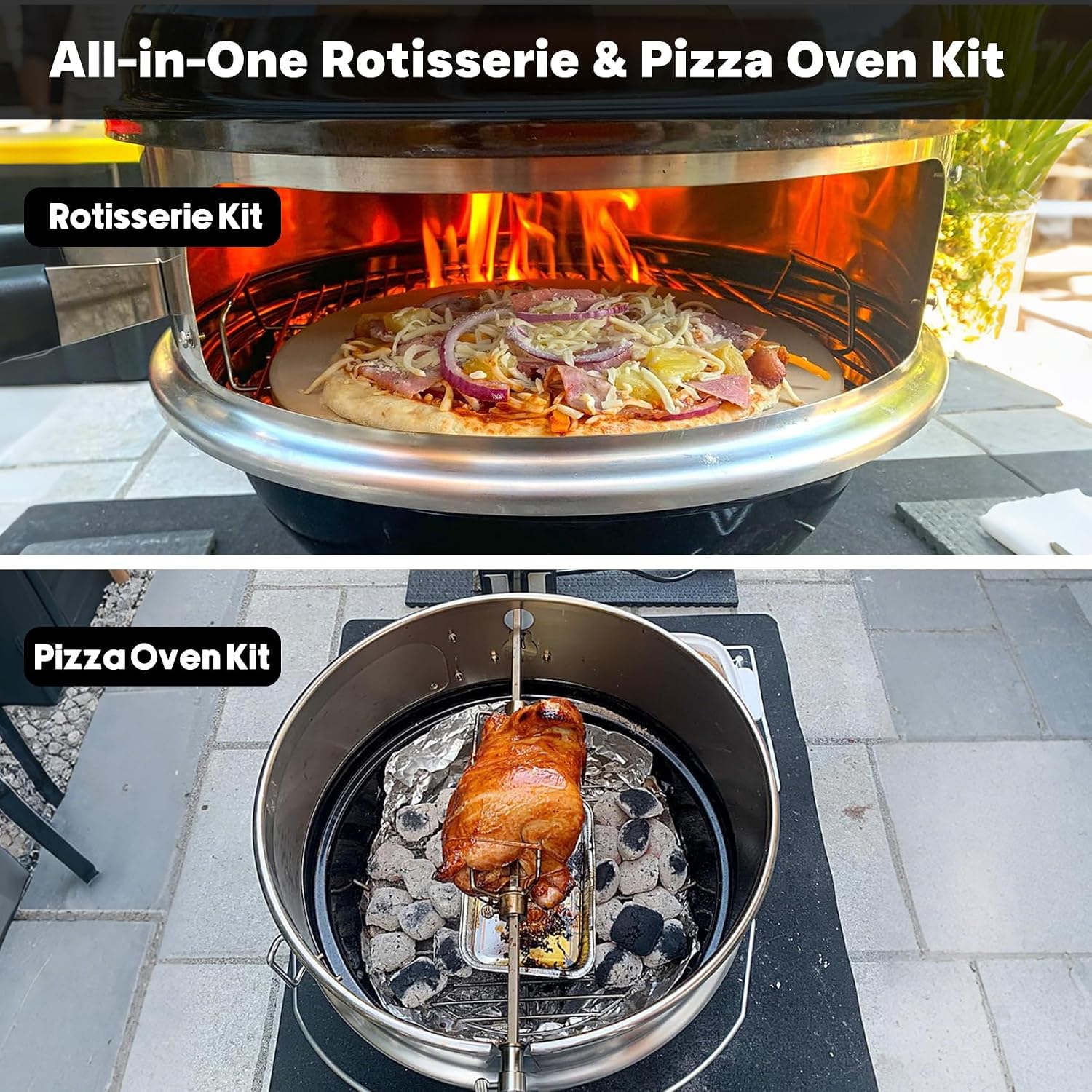 onlyfire Stainless Steel Multi-purpose Rotisserie and Pizza Combo Kit for Weber 22-Inch Kettle Charcoal Grills - Include Pizza Peel and Pizza Stone