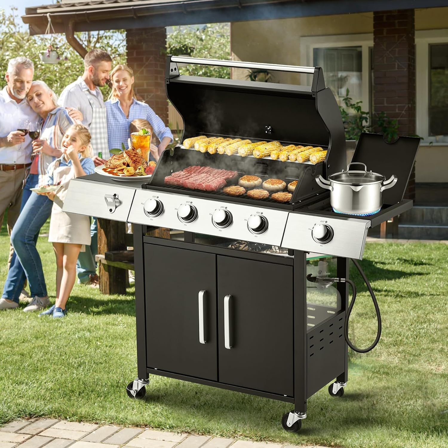 MELLCOM Upgraded 44,000 BTU Stainless Steel Burner Barbecue Grill, 4 Burner BBQ Propane Gas Grill with Side Stove & Cast Iron Grates for Patio, Camping, Outdoor Cooking