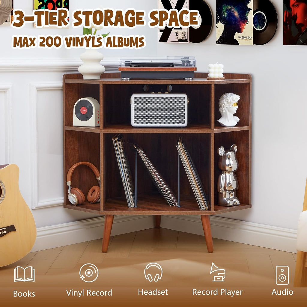 Corner Record Player Stand with Charging Station & USB Ports, 3 Tier Mid Century Modern Vinyl Record Storage Cabinet, Wood Turntable Stand for Music Room, Living Room, Small Space
