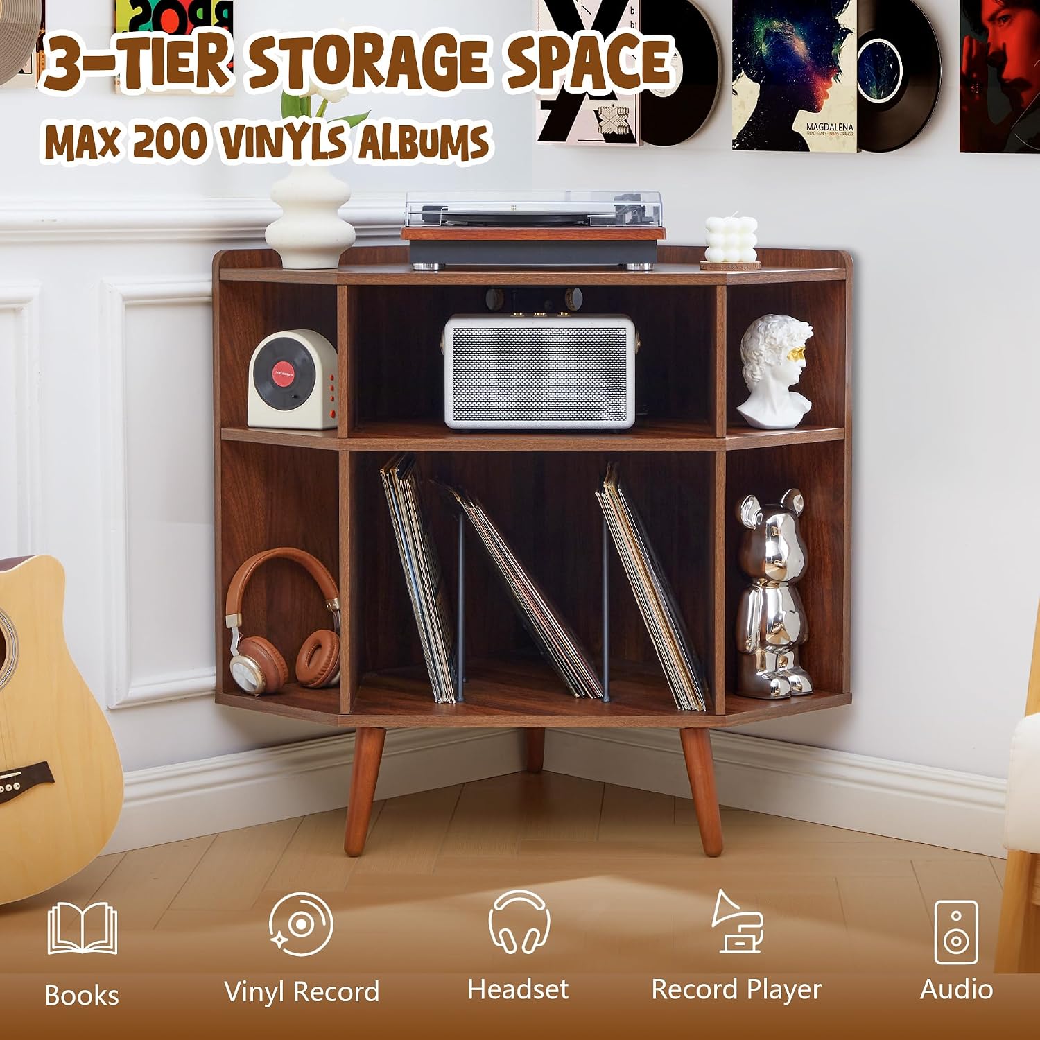 Corner Record Player Stand with Charging Station & USB Ports, 3 Tier Mid Century Modern Vinyl Record Storage Cabinet, Wood Turntable Stand for Music Room, Living Room, Small Space