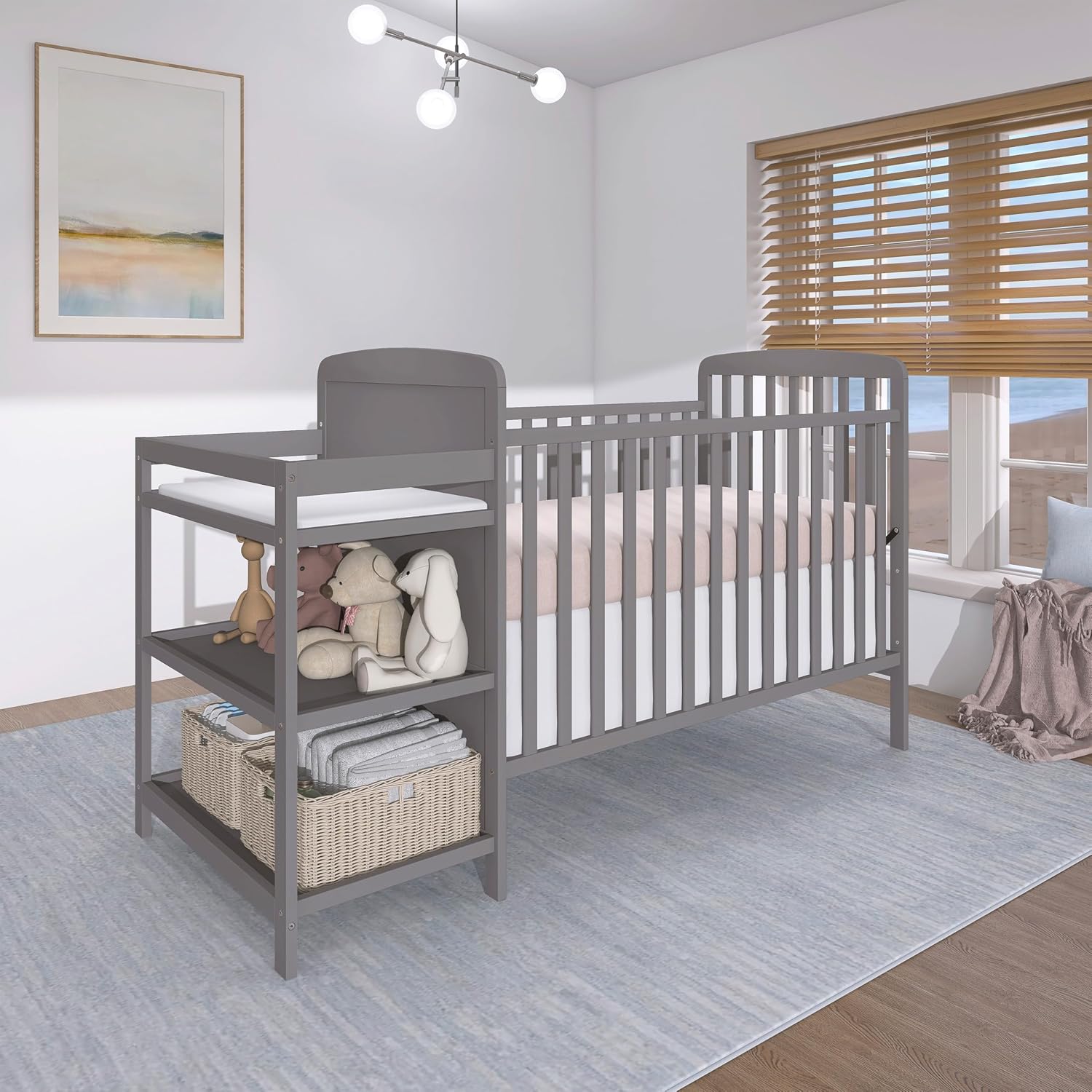 Dream On Me Anna 3-in-1 Convertible Full-Size Baby Crib & Changer with Storage in Steel Grey, GreenGuard Gold & JPMA, Pinewood, Converts to Day & Toddler Bed, 3 Mattress Heights, 1″ Changing Pad