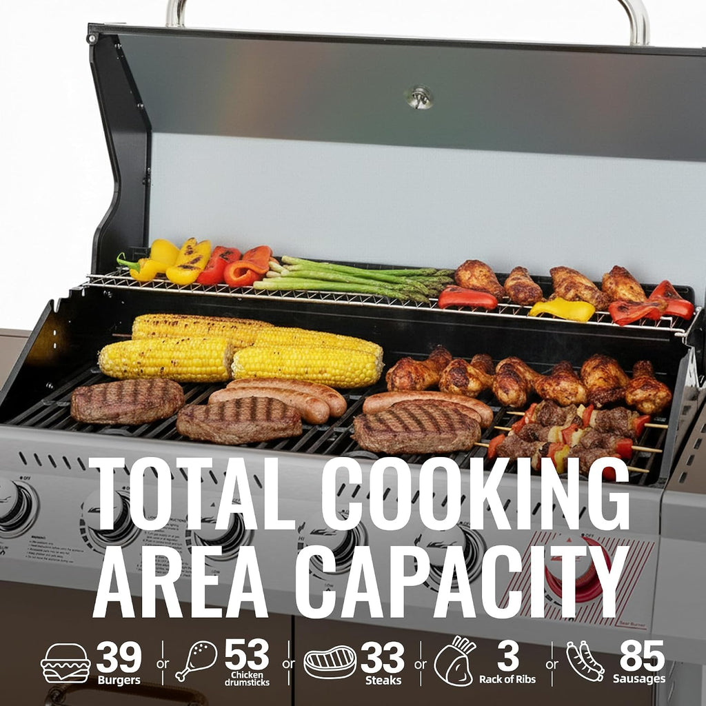 Royal Gourmet GA6402C 6-Burner Propane Gas Grill with Sear Burner and Side Burner, 74,000 BTUs, Cabinet Style Outdoor BBQ Grill for Barbecue Grilling & Backyard Cooking, Coffee