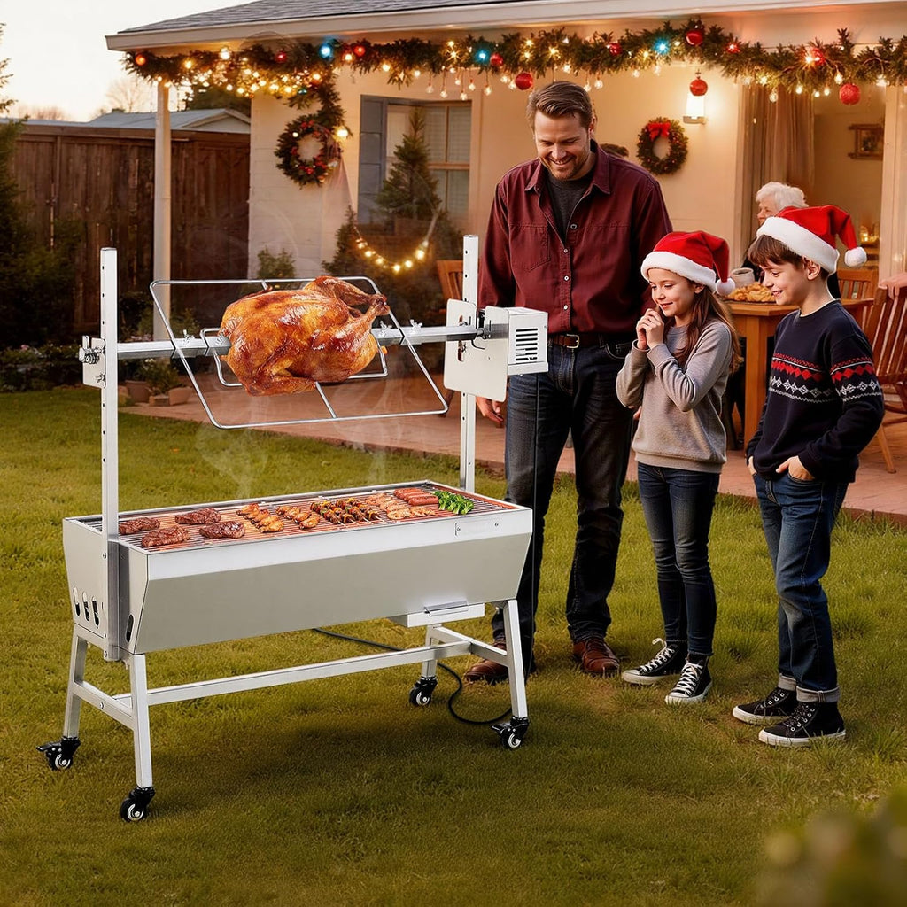 VEVOR Rotisserie Grill, 37in BBQ Outdoor Pig & Lamb Spit Roaster, Charcoal Spit Roaster with 132 LBS Capacity, Wheels, 7-Level Height, Stainless Steel Electric Rotisserie Grill Kit for Camping Outdoor