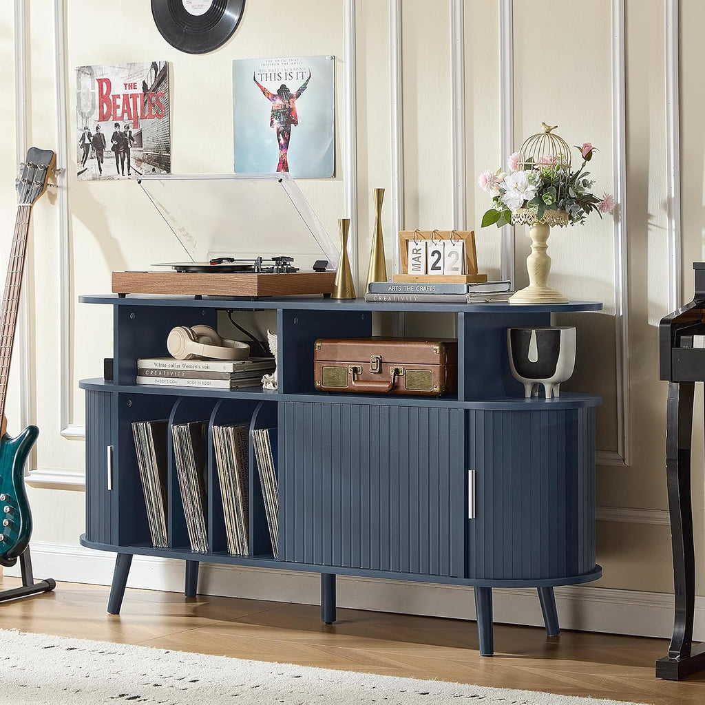 LELELINKY Extra Large Round Record Player Stand with Charging Station & Fluted Panel, Mid Century Modern Turntable Cabinet with Vinyl Storage, Arched Wood Record Player Table for Living Room,Blue