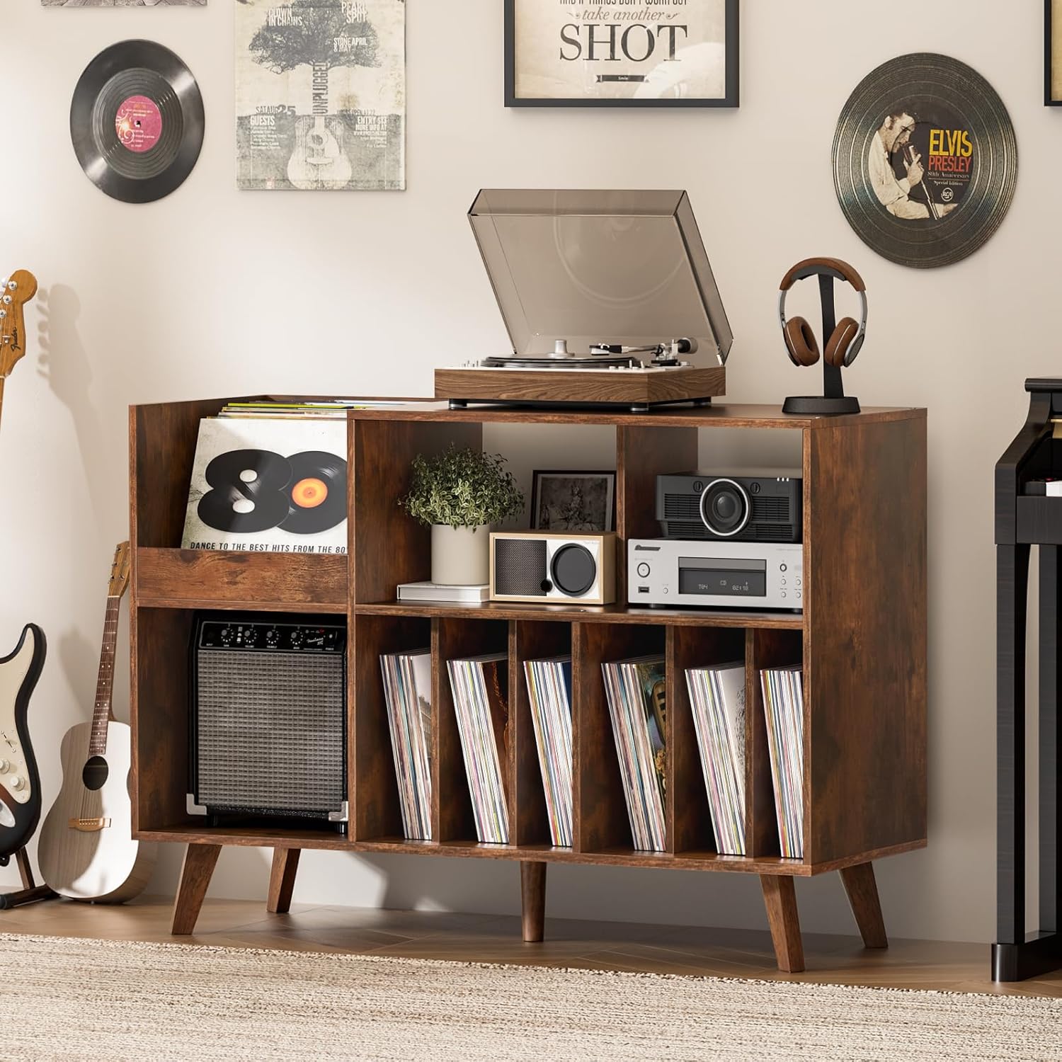 LELELINKY Large Record Player Stand, 48''Turntable Stand with Storage, Vinyl Record Holder with Display Area, Record Player Table Holds Up to 450 Albums, Record Stand for Music Room Living Room