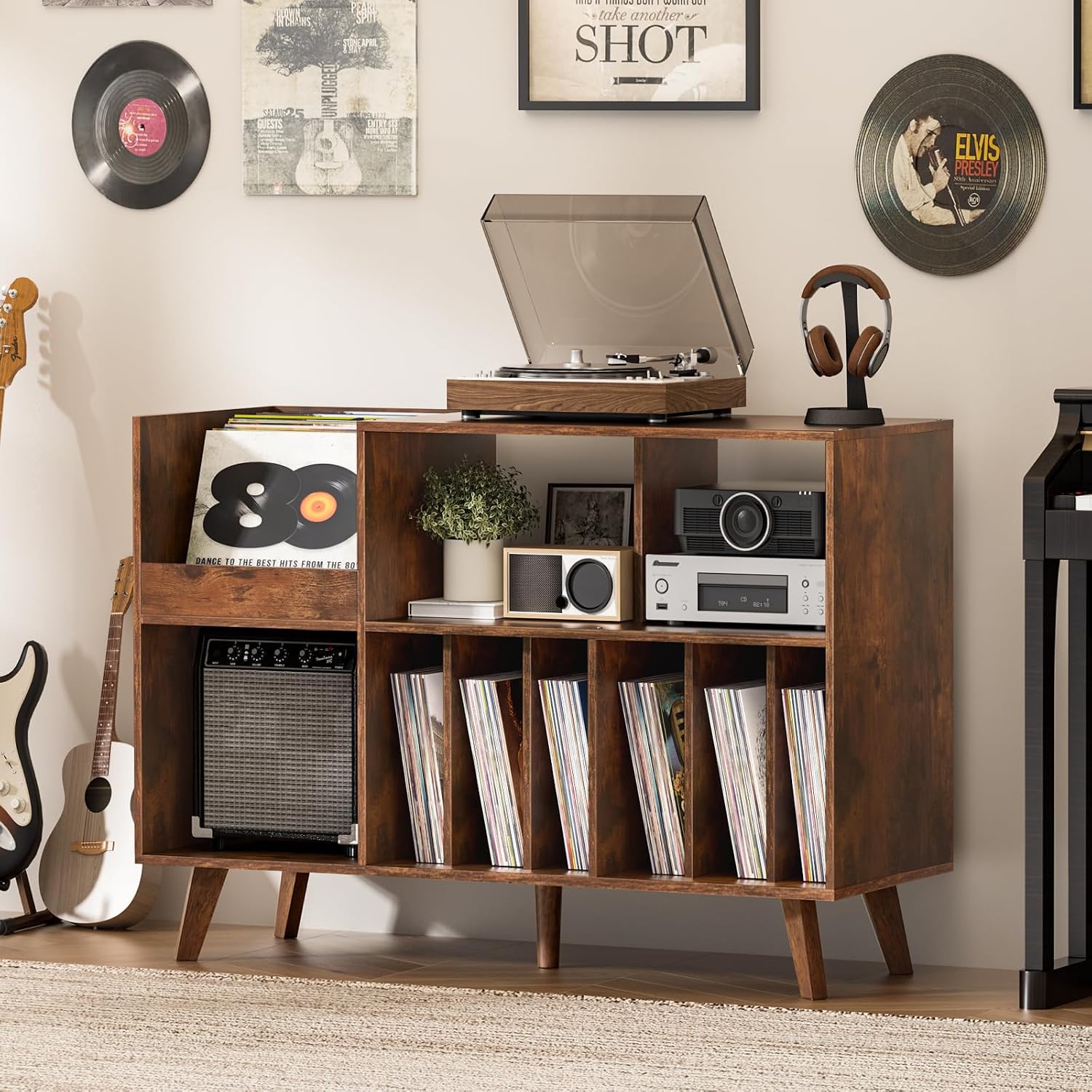 LELELINKY Large 48'' Record Player Stand with Storage, Vinyl Record Storage Holder with Display Area, Turntable Stand Record Player Table Holds Up to 450 Albums,Record Stand for Music Room Living Room