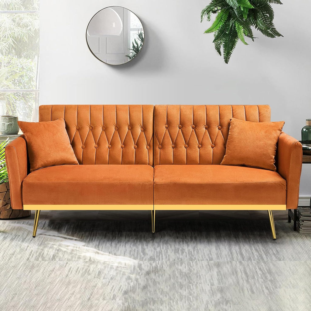 70' Velvet Futon Sofa Bed w/Adjustable Armrests & 2 Pillows, Convertible Futon Couch w/Adjustable Backrests, Modern Sleeper Bed for Living Room, Bedroom, Orange