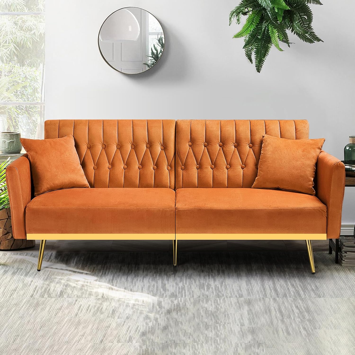 70' Velvet Futon Sofa Bed w/Adjustable Armrests & 2 Pillows, Convertible Futon Couch w/Adjustable Backrests, Modern Sleeper Bed for Living Room, Bedroom, Orange