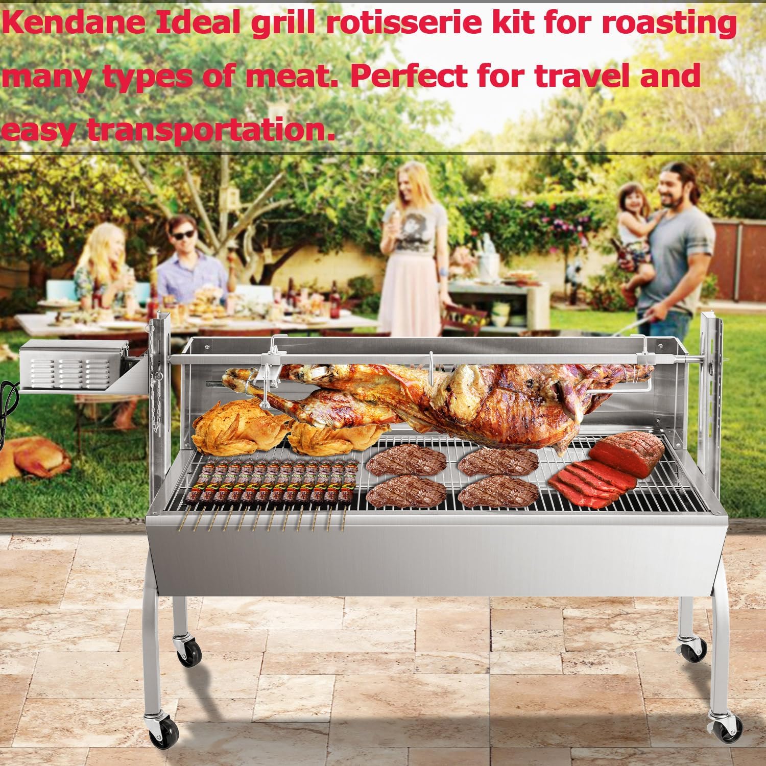 Kendane Rotisserie Grill Charcoal Spit Roaster, Stainless Steel 46' Pig Lamb Hooded Roaster Charcoal Spit with 30W Motor & Adjustable Height Lockable Casters for Party Barbecue, Rated 150 LB