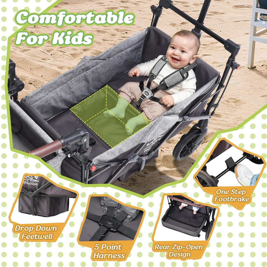 Wagon Stroller for 2 Kids, Premium Stroller Wagon for Kids with Removable Canopy, Safety Harness, Adjustable Handlebar & Storage Organizer, All-Terrain Foldable Baby Wagon for Outdoors