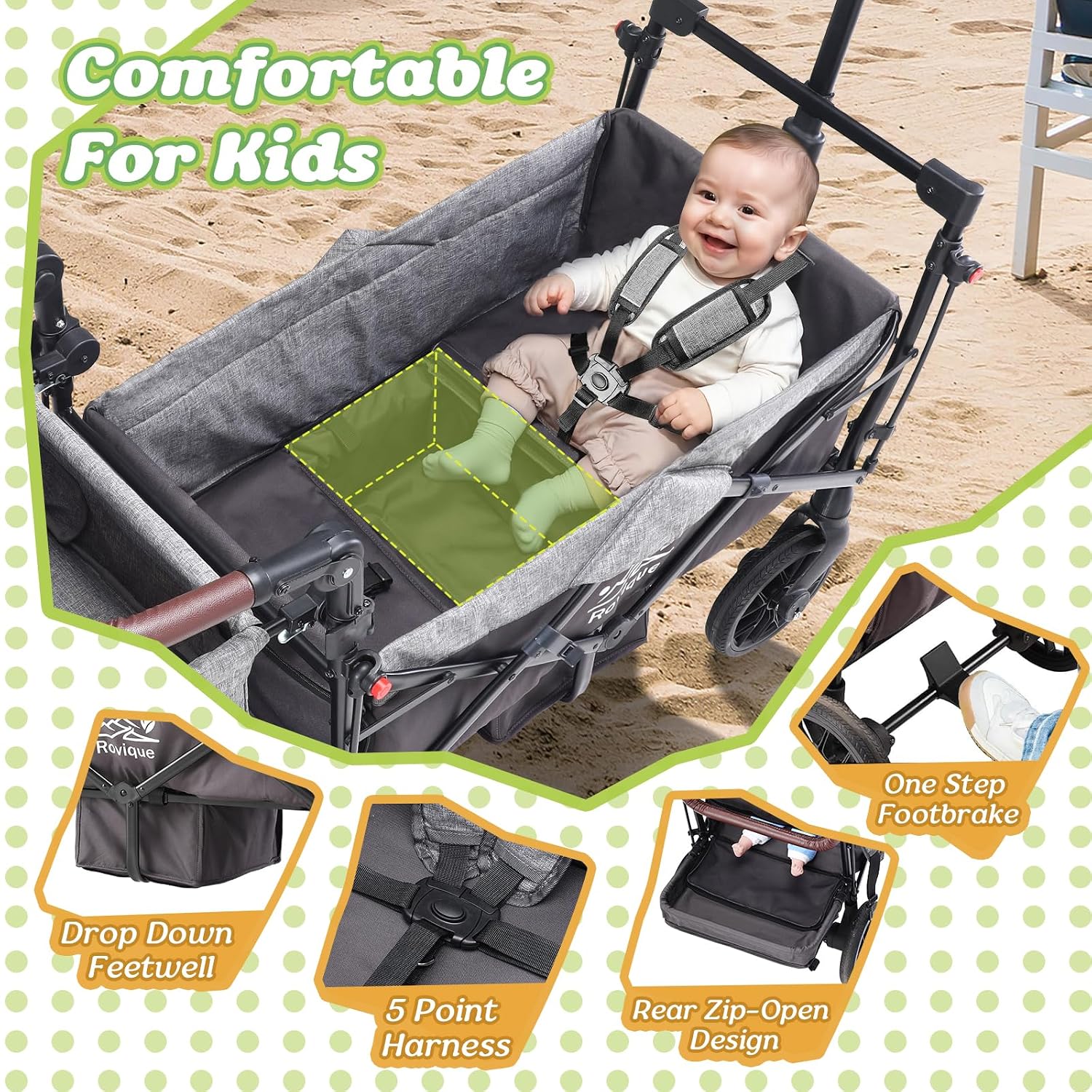 Wagon Stroller for 2 Kids, Premium Stroller Wagon for Kids with Removable Canopy, Safety Harness, Adjustable Handlebar & Storage Organizer, All-Terrain Foldable Baby Wagon for Outdoors
