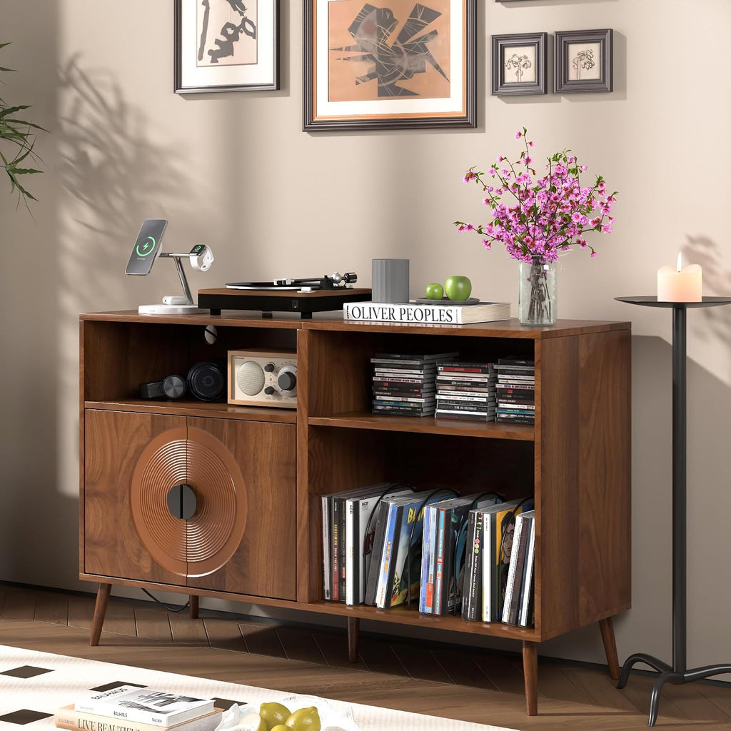 Fiogmub Large Record Player Stand, Mid Century Turntable Stand with Door, Record Player Table Holds Up to 350 Albums,Vinyl Display Shelf for Living Room (Brown)