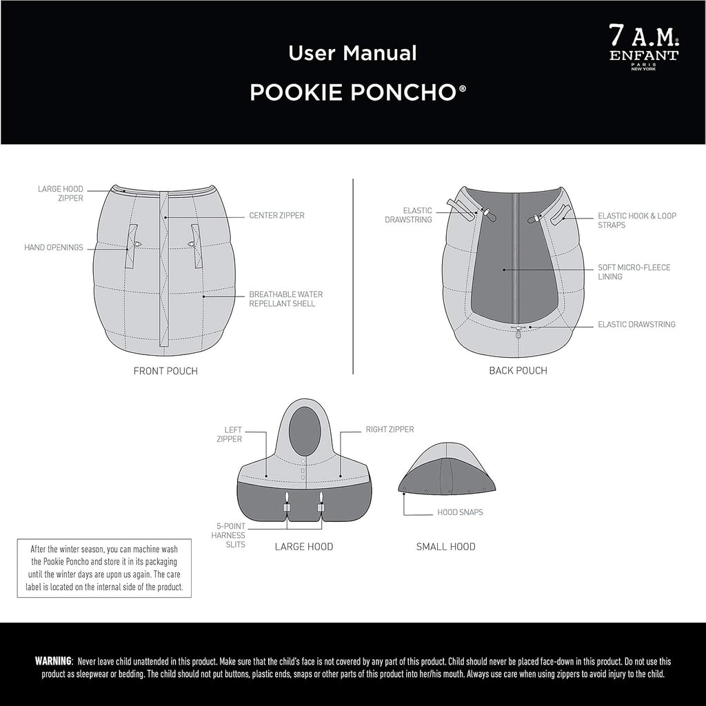 7AM Pookie Poncho Cover for Baby Carrier - Water Repellent & Ultra Soft Micro-Fleece Lining Bunting Bag with Adjustable 2 Hoods, Multifunctional Stroller & Winter Car Seat Cover | (0-4T)