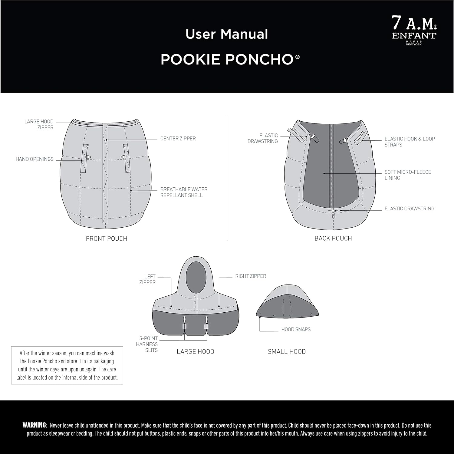 7AM Pookie Poncho Cover for Baby Carrier - Water Repellent & Ultra Soft Micro-Fleece Lining Bunting Bag with Adjustable 2 Hoods, Multifunctional Stroller & Winter Car Seat Cover | (0-4T)