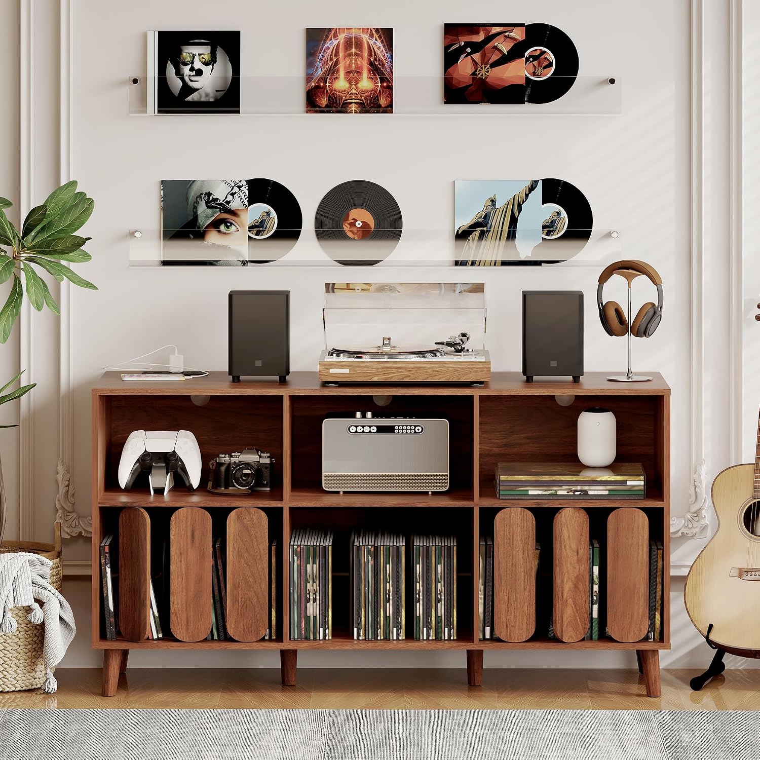 55'' Large Record Player Stand with Charging Station - Vinyl Record Storage Cabinet with 2 USB Ports, Open Shelves & Turntable Holder, Mid-Century Modern Wood TV Media Console for Living Room