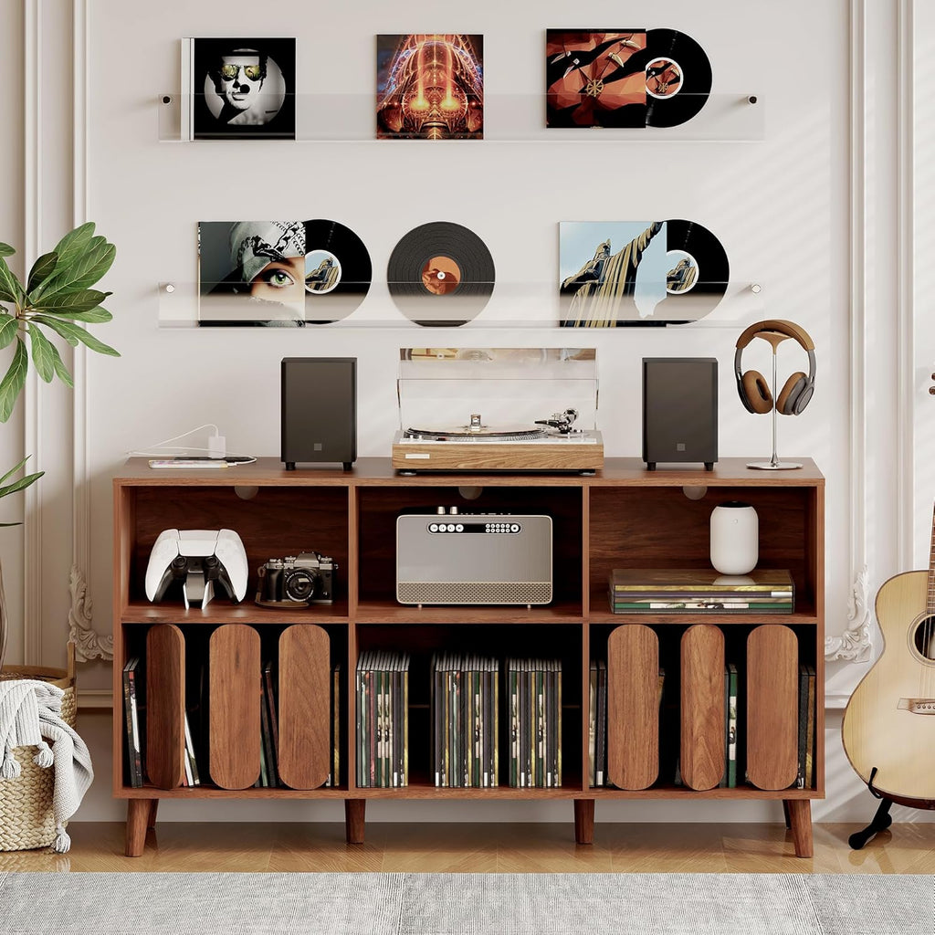 Modern Large Record Player Stand with Power Outlet, 55'' Mid-Century Vinyl Record Storage Holder Turntable Stand Record Stand Table with Charging Station, Wood TV Stand Media Console