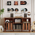 Modern Large Record Player Stand with Power Outlet, 55'' Mid-Century Vinyl Record Storage Holder Turntable Stand Record Stand Table with Charging Station, Wood TV Stand Media Console