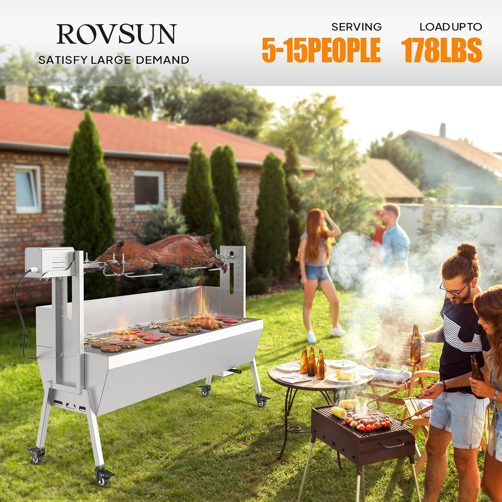 ROVSUN Rotisserie Grill with Windscreen, 46 Inch 176 Lbs Capacity, BBQ Outdoor Pig Lamb Goat Charcoal Spit Roaster, Stainless Steel Rotisserie Grill for Camping Barbecue Party