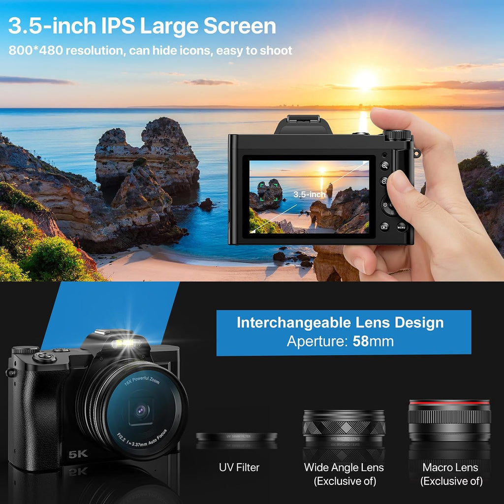 5K Digital Camera WiFi Autofocus Vlogging Camera for YouTube 48MP Camera for Photography and Video, 3.5' Screen Travel Cameras with UV Filter, Anti-Shake,16X Digital Zoom,32GB SD Card,2 Batteries