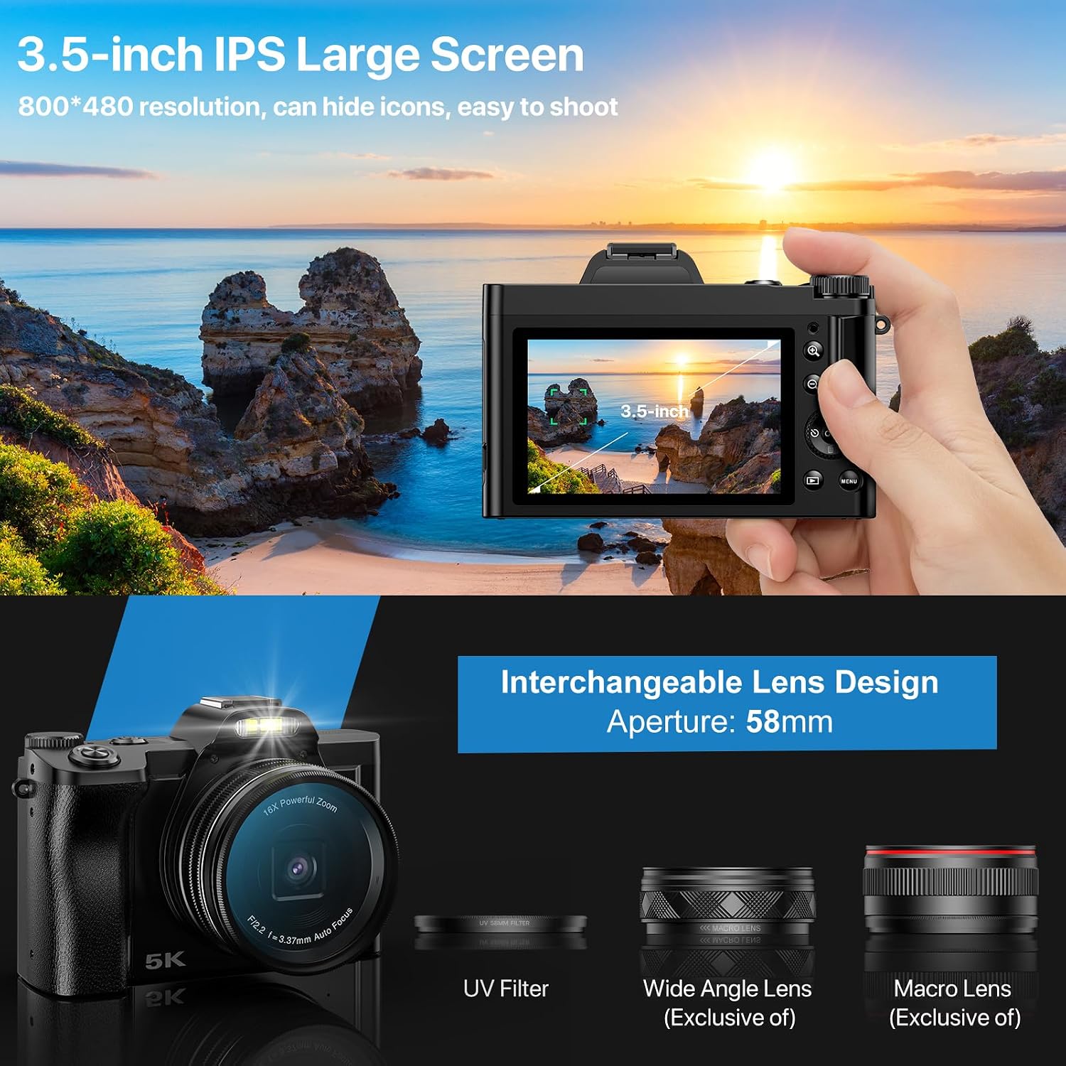 5K Digital Camera WiFi Autofocus Vlogging Camera for YouTube 48MP Camera for Photography and Video, 3.5' Screen Travel Cameras with UV Filter, Anti-Shake,16X Digital Zoom,32GB SD Card,2 Batteries