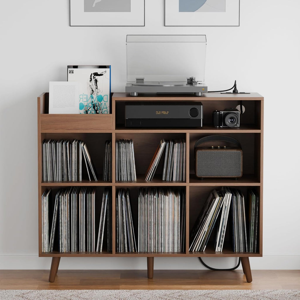 Cozy Castle Large Record Player Stand with Vinyl Storage Cabinet, Wood Turntable Table Open Shelf Holder Up to 500 Albums Cube Storage Organizer for Living Room, Office, Brown