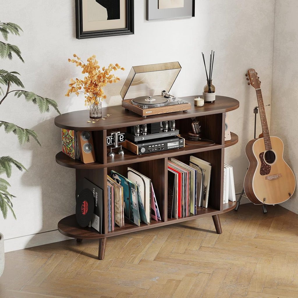 LIVEHOM Large Round Record Player Stand, Wood Record Storage Cabinet, Vinyl Record Holder with Display Area, Mid Century Modern Turntable for Living Room, Bedroom